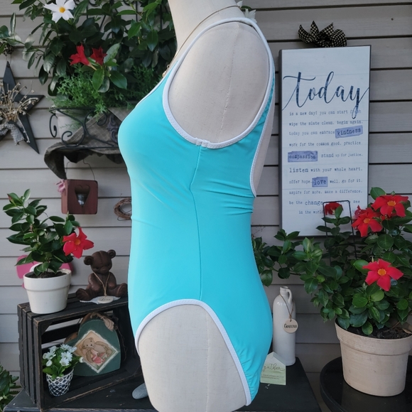 LA BLANCA ♡ Gorgeous Vintage 1pc Aqua Blue 'n White Trim Bralette Swimsuit 8 - Picture 5 of 15